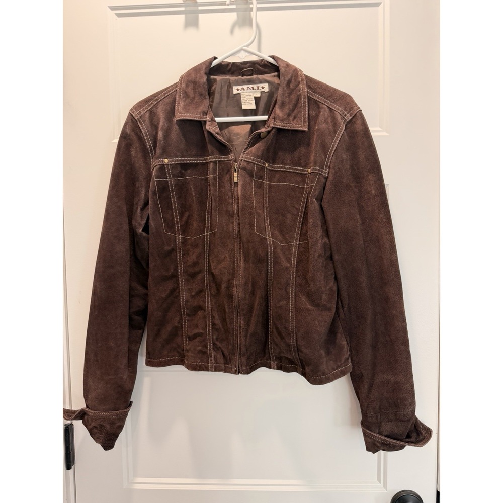 A.M.I. Brown Suede Leather Jacket Womens L Zip Front Trucker 100% Leather